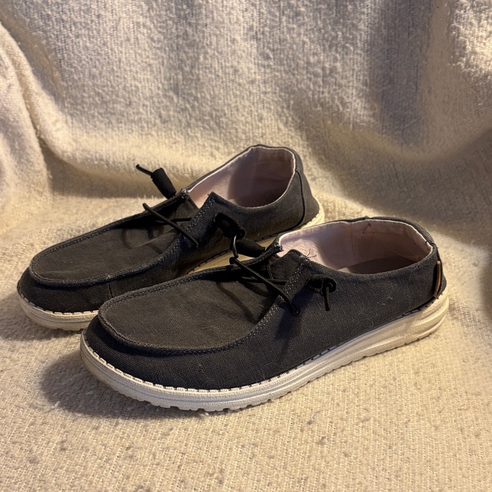 Hey Dude Women's Black Canvas Slip-On Loafers with White Sole